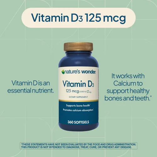 Vista 3 de Nature's Wonder Vitamina D3 5000iu (125mcg) de alta potencia, suplemento dietético para apoyar la salud ósea y el sistema inmunológico, sin gluten