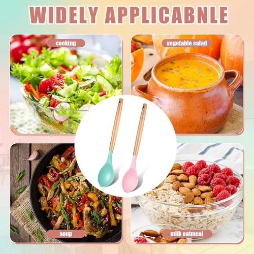 Vista 7 de Patelai 2 cucharas de silicona antiadherentes para mezclar de cocina, cucharas de servir con mango de madera, resistentes al calor, cucharas de Verde