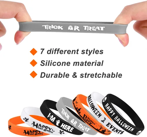 Vista 4 de FEPITO 140 paquetes de pulseras de silicona para Halloween, 7 patrones clásicos de Halloween, pulseras de goma