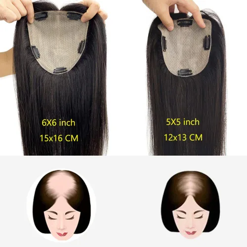 Vista 7 de Base superior de seda con clip para mujer, 5.9x5.9 in de largo, europeo, ondulado, virgen, cabello humano, pieza de cabello transpirable para #1