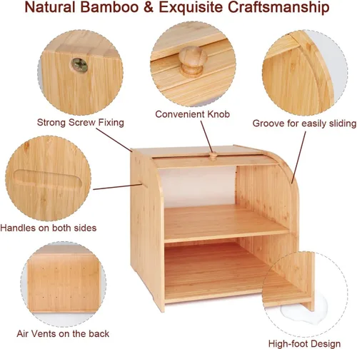 Vista 4 de Purbambo Caja de pan de bambú para encimera de cocina, doble capa Roll-top cajas de almacenamiento de pan conservador de alimentos con estante medio