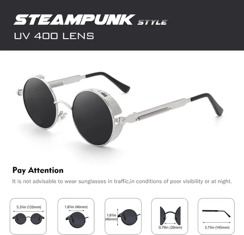 Vista 6 de CGID E72 - Lentes de sol polarizados redondos con círculos de metal estilo steampunk retro para mujeres y hombres