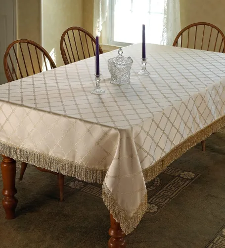 Vista 7 de Violet Linen Mantel con flecos con diseño de damasco de diamante, color beige, cuadrado de 54 x 54 pulgadas