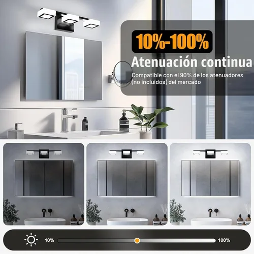 Vista 5 de Lámparas LED modernas para baño, 3 luces regulables con 5 modos de color, accesorios de iluminación de pared de baño acrílico negro mate sobre