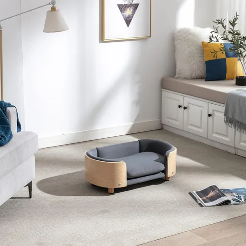 Vista 3 de Cama elevada para perros de estilo escandinavo con marco de madera maciza, sofá ortopédico para mascotas con funda extraíble lavable, muebles
