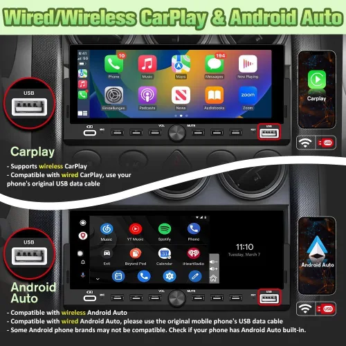 Vista 4 de Estéreo Universal Single Din para Automóvil con CarPlay Inalámbrico y Android Auto, Unidad Principal de Pantalla Táctil IPS de 6.86" con Cámara