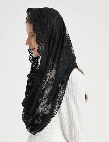 Vista 4 de Encaje Capilla Velo Mantilla Infinity Veil Multicolor Bordado Cherry Blossom Style Latin Mass M7