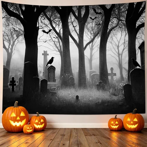 Vista 2 de LB Tapiz espeluznante de cementerio de Halloween, lápida aterradora con árboles muertos, tapiz de bosque para colgar en la pared, tapiz de fondo