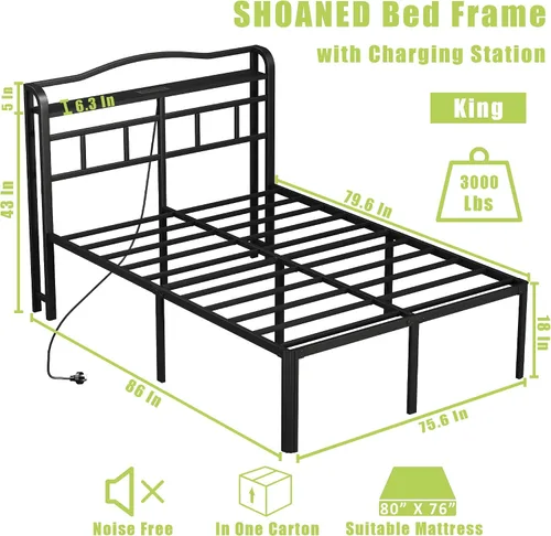 Vista 2 de Base de cama de metal de 18 pulgadas, base de colchón básica de plataforma resistente de color negro con cabecera y estación de carga, no necesita