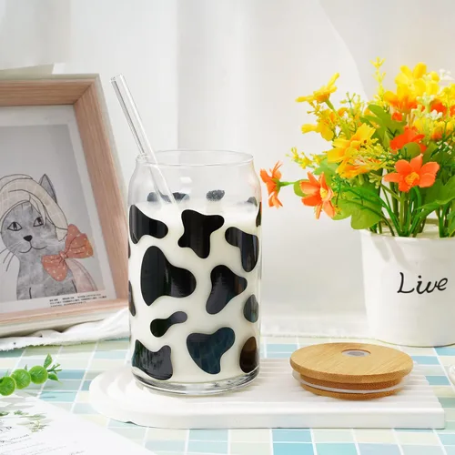 Vista 6 de Whaline Paquete de 2 vasos de bebida de vaca de 16 onzas con estampado de vaca, taza de café helado de vaca con tapas, cepillos de limpieza