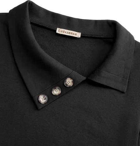 Vista 5 de Unixseque Camisetas de manga larga para mujer, cuello de solapa, cuello en V, túnica casual con botones, con bolsillo, sudadera sólida de moda