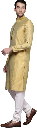 Vista 3 de Manyavar Conjunto de Payjama Kurta de manga completa para hombre, diseño informal, diseño de seda