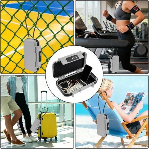 Vista 6 de Caja fuerte portátil, caja de seguridad combinada con código, caja de seguridad antirrobo impermeable con cadena extraíble para playa, dormitorio