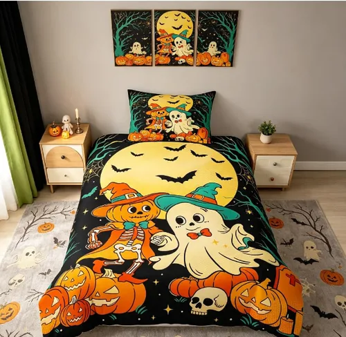 Vista 51 de Erosebridal Halloween Castle Pumpkin Duvet Cover Set Spooky Floral Cartoon Twin Bedding Sets for Girls Kids Boys Vintage Spooky Comforter Cover