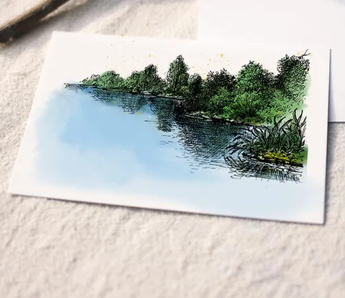 Vista 4 de Sellos transparentes de fondo de paisaje de árbol lago para hacer tarjetas, decoración de álbumes de recortes, sellos transparentes de silicona