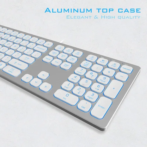 Vista 2 de POWZAN Teclado de Aluminio Silencioso con Cable Retroiluminado - Tecla Chiclet Delgada Compatible con Apple iMac, MacBook, Mac y PC, Teclado USB