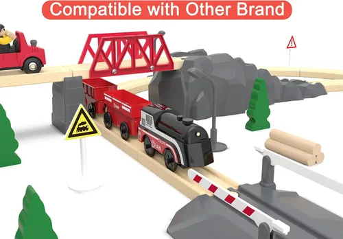 Vista 4 de Tren operado por batería para pista de madera, tren motorizado para niños de 3 años o más, set de juguete de 3 trenes eléctricos compatible