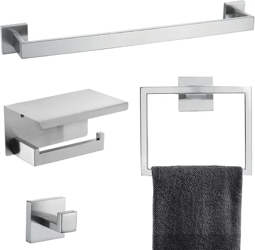 Vista 18 de Juego de 4 soportes para toallas de baño, juego de accesorios de baño de acero inoxidable negro y dorado, montaje en pared, 23.6 pulgadas