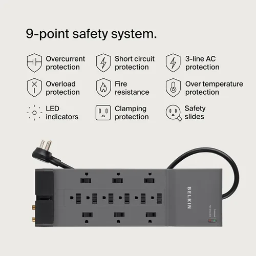 Vista 4 de Belkin - Tira de alimentación con protector contra sobretensiones - 12 tomas múltiples de CA & cable de extensión resistente de 8 pies de largo