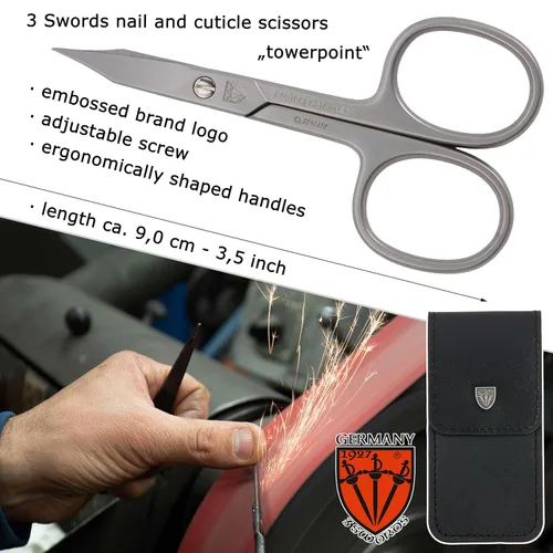 Vista 4 de 3 Swords Germany - Tijeras de acero inoxidable curvas combinadas para cutículas y uñas de calidad de marca (1 pieza) con estuche para manicura