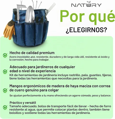Vista 7 de Juego de herramientas de jardín – Herramientas de mano de jardinería de acero inoxidable premium con mango de madera de haya maciza – Kit