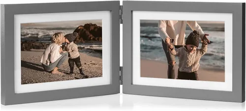Vista 17 de Marco de fotos doble de 4 x 6 pulgadas con bisagras horizontales, marco de fotos plegable en madera de pino negro con vidrio real para mesa