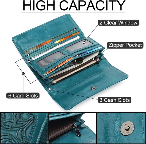 Vista 53 de MEITRUE Cartera de cuero para mujer, con bloqueo RFID, triple pliegue, con relieve, soporte para tarjetas, organizador de chequera para teléfono