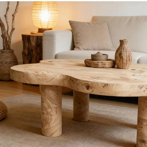 Vista 9 de WILLIAMSPACE Mesa de centro de nube de 39.7 pulgadas con chapa de madera Burl y 4 patas redondas, moderna mesa central de madera con patrón de nudo