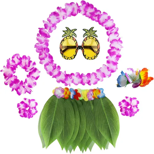 Vista 9 de PHOGARY 7 Pack Hawaiian Flower Leaf Hula Skirt Costume Accessory Kit for Hawaii Luau Party Azul