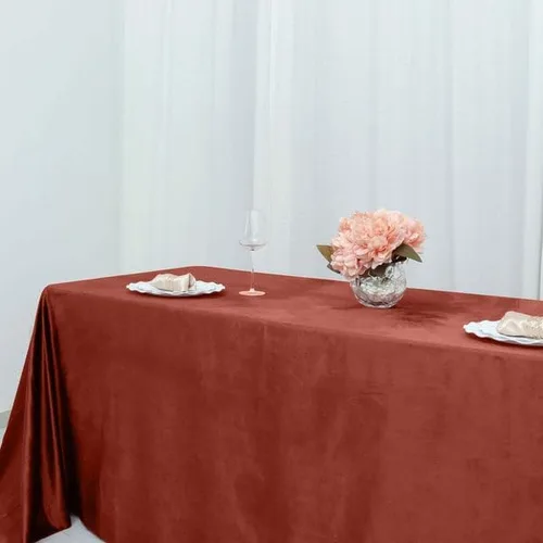 Vista 6 de Tableclothsfactory Mantel rectangular de terciopelo terracota de alta calidad de 90 x 132 pulgadas para eventos de fiesta de boda