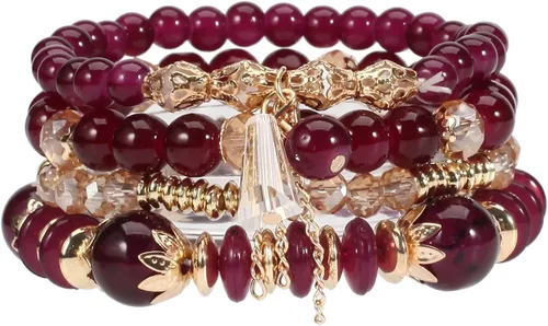 Vista 24 de 4 piezas de juego de pulseras bohemias apilables de múltiples capas con cuentas de cristal coloridas, pulseras elásticas con cuentas de oro Verde