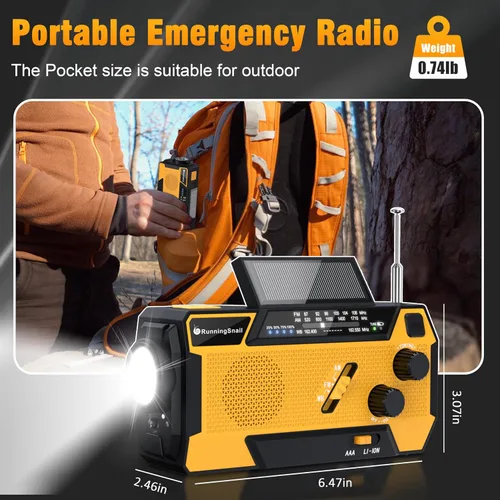 Vista 7 de Radio de emergencia con manivela meteorológica: Radio meteorológica AM/FM/NOAA con 3 cables incorporados - Radio manual con manivela de 2000mAh