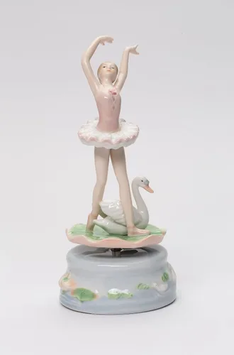 Vista 5 de Cosmos Gifts Bailarina de ballet de porcelana fina con tutú rosa en almohadilla de lirio con caja de música de cisne, toca melodía musical de Swan