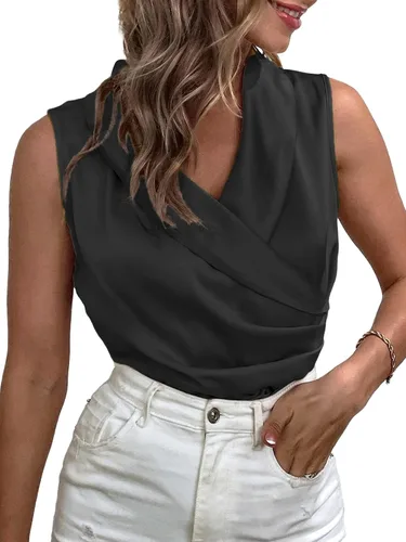 Vista 5 de Rooscier Blusa de satén con cuello en V para mujer, sin mangas, asimétrica, elegante, sin mangas