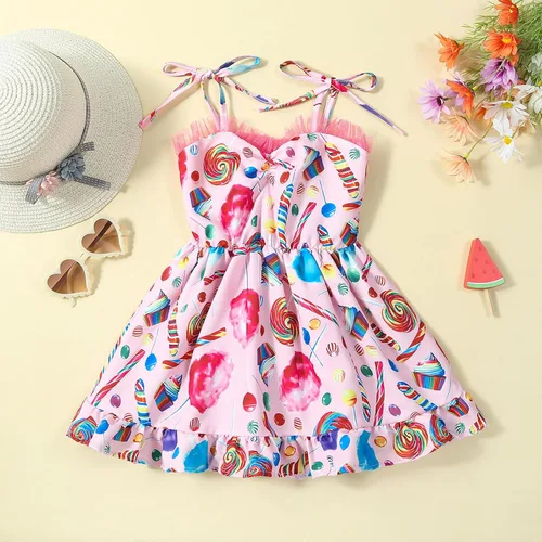 Vista 3 de Vestido de fiesta de caramelo para niñas, sin mangas, tirantes delgados, para niños, niñas pequeñas, juegos de mesa de tierra, vestidos de cumpleaños
