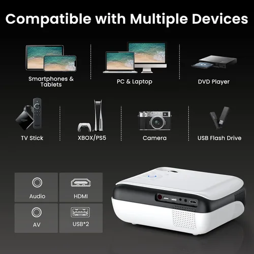 Vista 9 de HAPPRUN Native - Mini proyector Bluetooth 1080P, proyector de películas portátil Full HD para exteriores con altavoz integrado, compatible