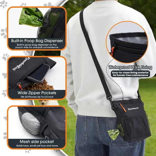 Vista 6 de Bolsa de golosinas para perros, bolsa de entrenamiento impermeable para perros de 4 tazas, manos libres, 3 formas de llevar, cierre magnético