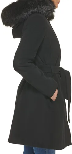 Vista 2 de Cole Haan Abrigo con capucha para mujer de lana con ribete de piel sintética desmontable