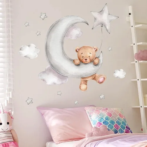 Vista 9 de Enfudid - 2 calcomanías de pared de oso de peluche durmiendo en la luna y estrellas para habitación de niños, habitación de bebé, habitación