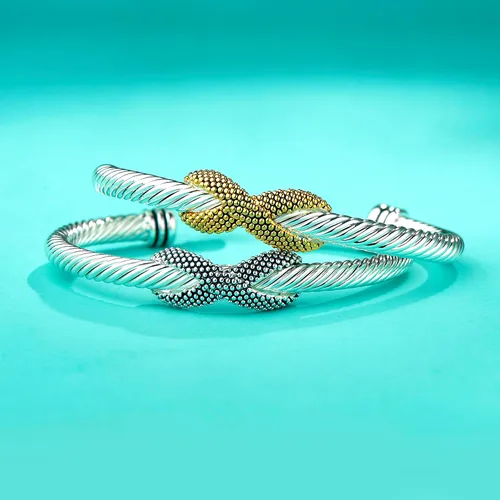 Vista 2 de UNY JEWEL Pulsera de cable trenzado Fusion para mujer, dos tonos, con puntos dorados, caviar, imitación de perlas, brazalete inspirado