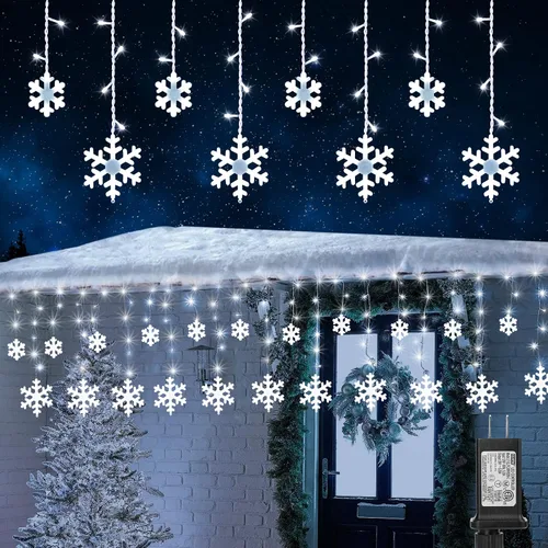Vista 10 de Luces de Copo de Nieve de Navidad, 10.66 pies, 168 Luces LED de Carámbanos para Exteriores con 14 Gotas, 8 Modos Impermeables Conectables