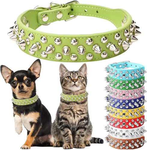 Vista 16 de Collar de perro con pinchos para perros pequeños, collares de cachorro macho con pinchos de cuero PU con remaches de hongos, collares tachonados
