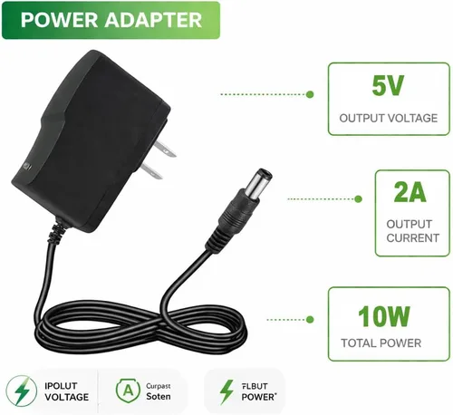 Vista 2 de Fuente de alimentación de 5 V CC, adaptador de CA de pared de 2 A, 100-240 V, 50-60 Hz a CC, cable adaptador de corriente de 2 amperios con enchufe