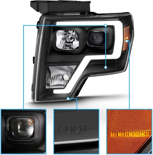 Vista 5 de AmeriLite para camioneta Ford F150 2009-2014, juego de faros delanteros LED de barra cuadrada, proyector halógeno negro, haz alto/bajo incluido