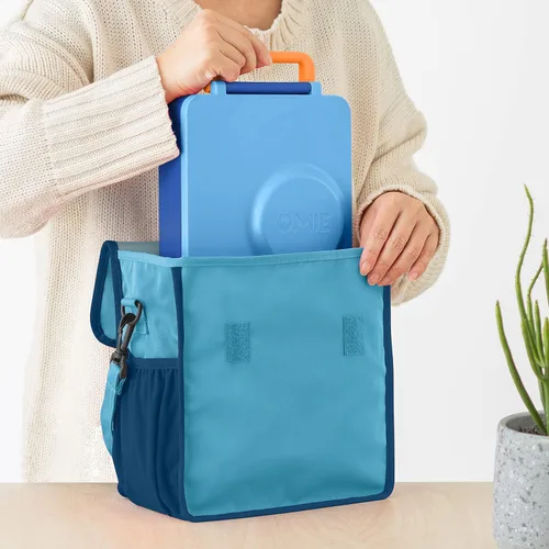 Vista 3 de Omie OmieBox - Lonchera lavable, plegable, duradera, resistente al agua con bolsillo interior y soporte externo para botellas (azul)