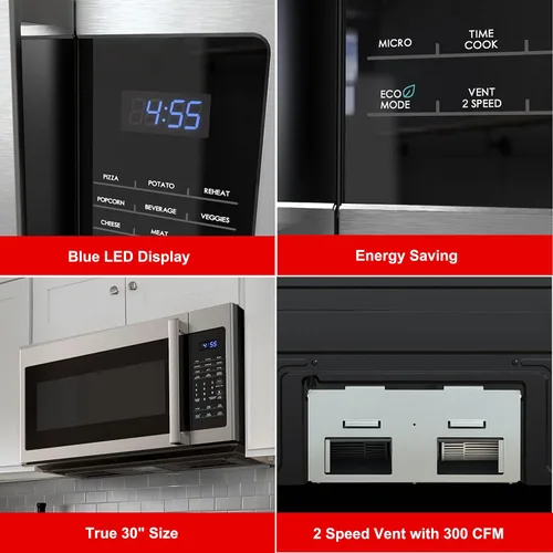 Vista 4 de Galanz GLOMJA17S2B-10 Microondas sobre la estufa, modo ahorro de energía/ECO, cocción exprés de 30 segundos, 9 programas de cocción automática, 1000
