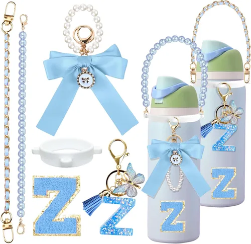 Vista 90 de 6 piezas de accesorios con letras para botella de agua Owala 24 oz 32 oz 40 oz, con lindos dijes iniciales y correa para el asa, compatible