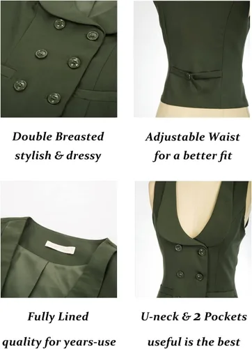 Vista 3 de Belle Poque Chaleco de doble botonadura para mujer, chaleco vintage con cuello de solapa y 2 bolsillos