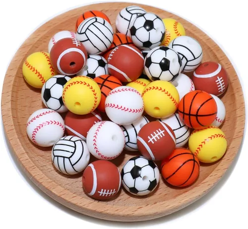 Vista 14 de 36 cuentas de silicona para fabricación de llaveros de 0.47 pulgadas y 0.59 pulgadas a granel de béisbol, baloncesto, fútbol, deporte, focal