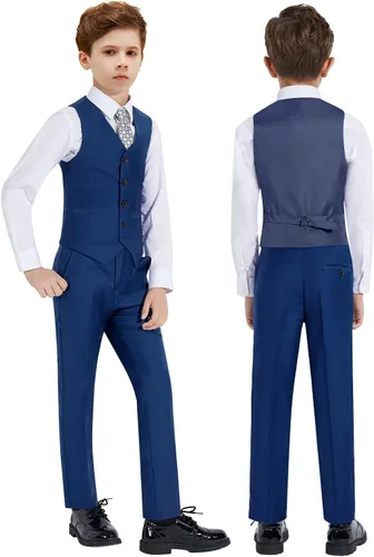 Vista 2 de Traje de chaleco para niño de 4 piezas, ajustado, chaleco y pantalones, conjunto de ropa de vestir con anillo